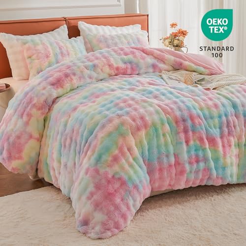 Image of EMME Faux Fur Duvet Cover Queen Size, 3 Pieces Ultra Soft Fluffy Comforter Cover, Cozy Warm for Winter, Luxury Elegant Shaggy Bubble Design Bedding, 1 Duvet Cover & 2 Pillow Shams (Queen, Rainbow)