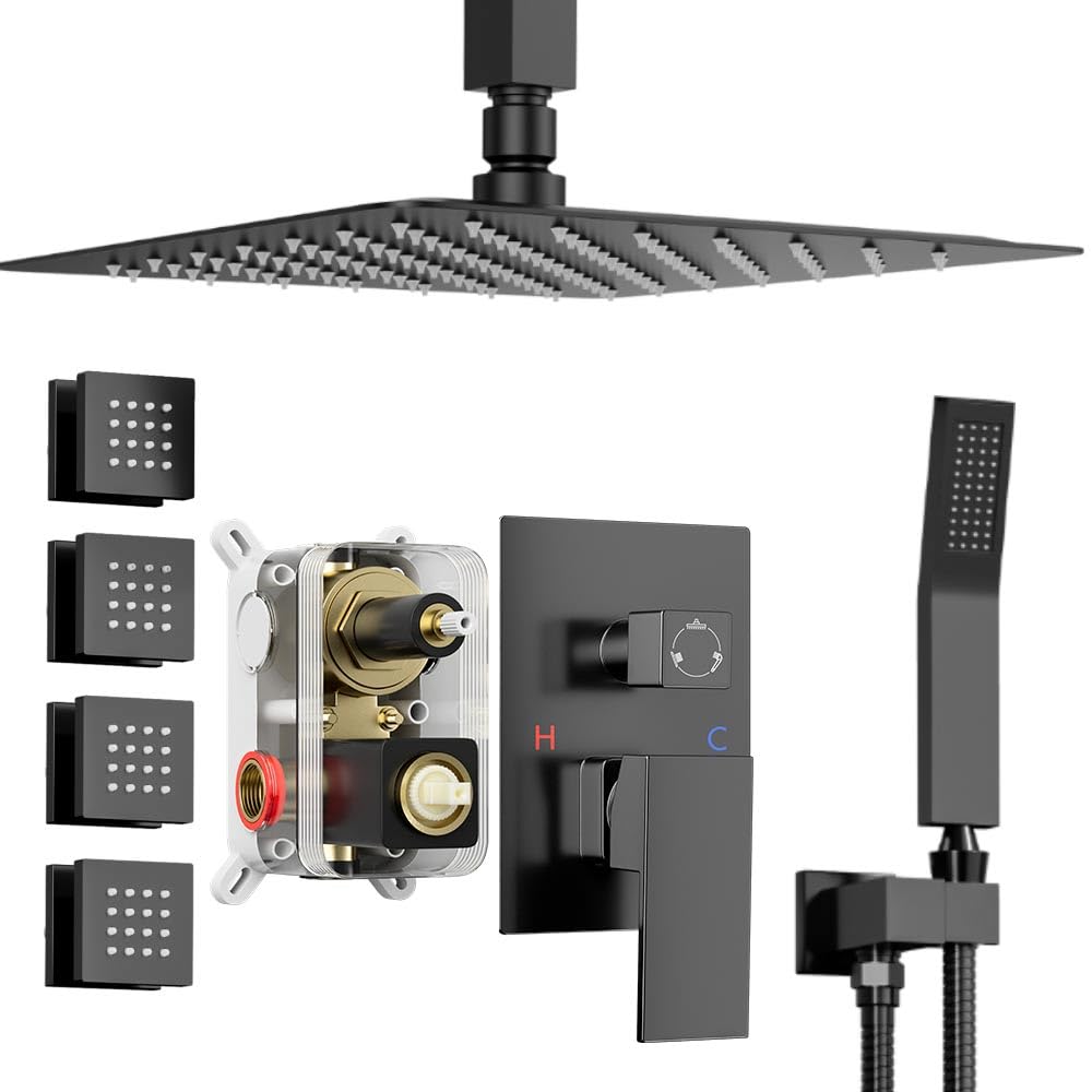 Shower System Matte Black Shower Faucet Set, Bostingner 10" Rain Shower Head with Handheld Spray and 4 Body Jets, Wall Mounted All Metal 3 Way Shower Set with Rough-in Valve and Trim Kit