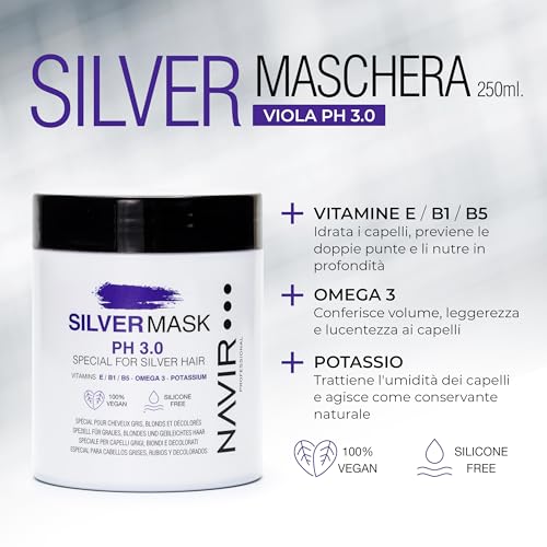 Navir Professionale | Maschera Antigiallo Capelli Biondi, Grigi O Decolorati – 250 Ml | Ph Acido 3.0 | Vegana, Senza Siliconi | Tonalizzante Professionale Per Riflessi Freddi - 3