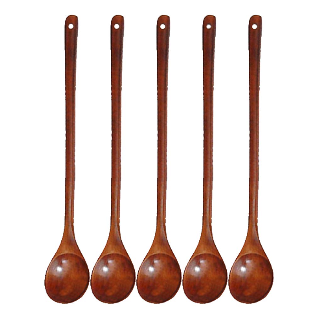 BESTONZON 5PCS Wooden Spoons Long Handle Stirring Spoons Kitchen Spoons Baking Mixing Serving Utensils 33CM (Brown)