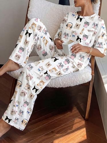Image of Ekouaer Womens Satin Silky Pajama Set Short Sleeve Shirt with Long Pajama Pant Set Soft PJ Loungewear
