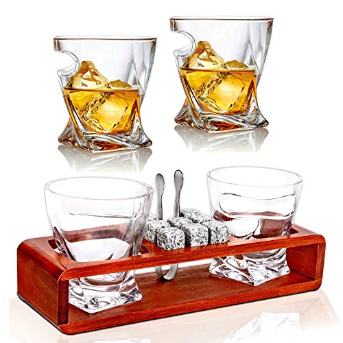 Bezrat Old Fashioned Whiskey Glasses With Side Mounted Holder Gift Set - + Whisky Chilling Stones And Accessories On Wooden Tray - Scotch Bourbon Glasses – Granite Chilling Rocks Brown #TOP1