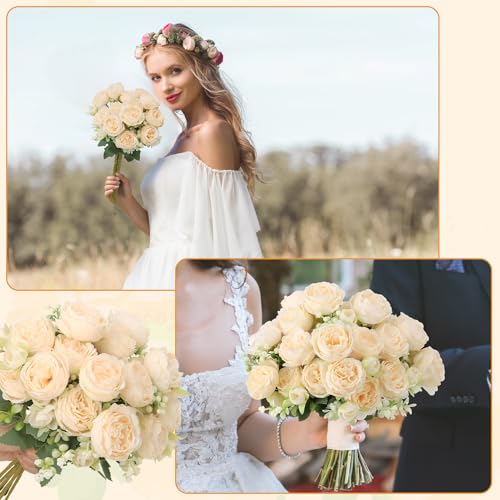 Image of 8 Pack Champagne Peonies Artificial Flowers, Cream Fake Silk Hydrangea Bouquet for Bridal Wedding Home Table Decor Reusable Dining Opening Ceremony Birthday Arrangement Faux Floral