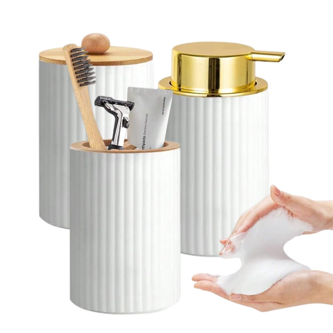 Juego De 3 Accesorios De Baño – Dispensador De Jabón, Vaso Para Cepillos Y Vaso Para Hisopos, Blanco, Moderno