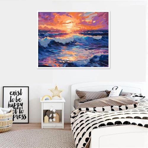 Image of Clendo Beach Paint by Numbers Kit for Adults Beginner, Colorful Seaside Painting by Number on Canvas, DIY Acrylic Sunset Adult Paint by Number Kits for Home Decor Gift 16x20 Inch