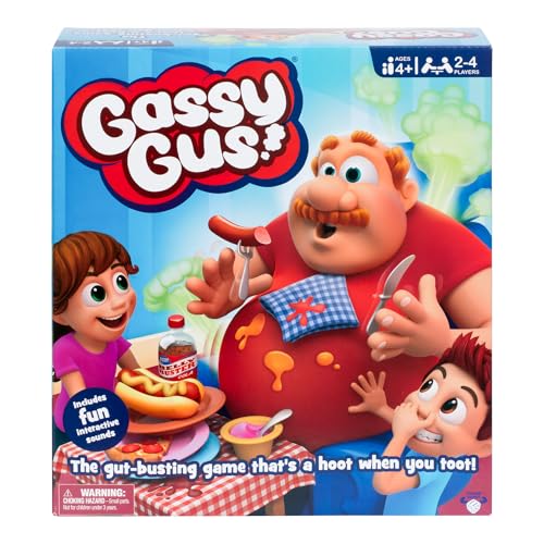 Gassy Gus Interactive Gut-Busting Game Feed Gus Foods Watch Out for Big Blast! Hilarious Sounds 2-4 Players Ages 4+ with Inflatable Belly 54 Cards Instruction Manual 1 Extra Belly Balloon