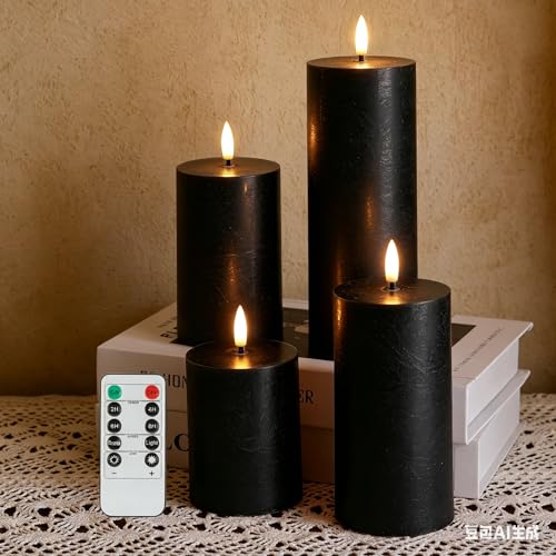 Image of Black Flickering Flameless Candles, Real Wax Battery Operated Candles with Remote, Flat Top Led Flameless Pillar Candles for Home, Wedding, Party Decor, Set of 4
