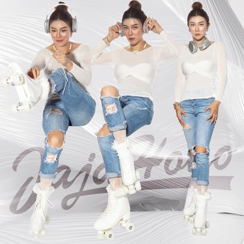 JajaHoho Roller Skates for Women, Holographic High Top PU Leather Rollerskates, Shiny Double-Row Four Giltter Light up Wheels Quad Skates for Girls and Age 8-50 Indoor Outdoor (White Swan, Size 6)