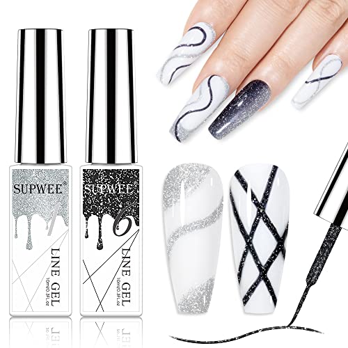 SUPWEE Reflective Liner Gel Polish Silver and Black Gel Liner Nail Art Polish Set Disco Glitter Gel Liner Polish Nail Painting for DIY Drawing Nail Gel Art Design Soak Off UV Gel