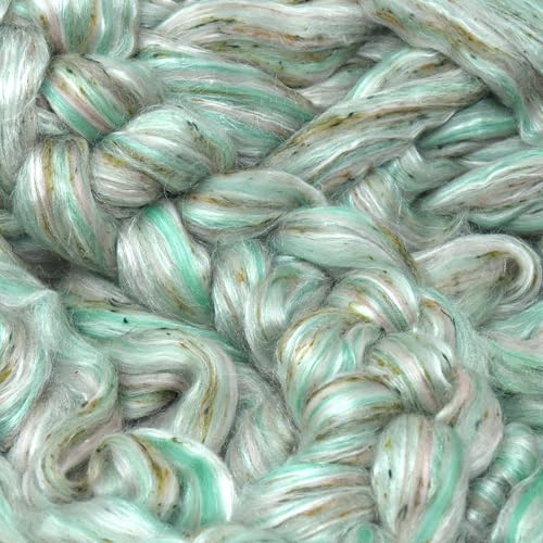 Image of Combed Top Roving. Limited Edition Fiber for Spinning, Needle Felting, Wet Felting, Weaving and Crafting. Fancy, Colorful, Exotic Designer Blend, Mint Chip
