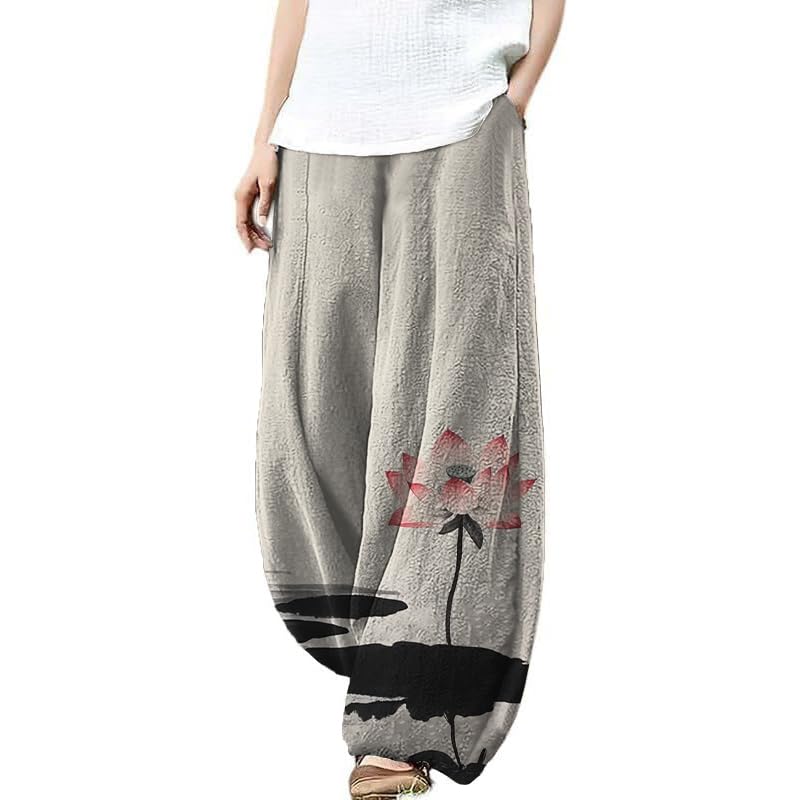 HOTYD Japanese Artist Pattern Wige Leg Pants for Women Summer Baggy Womens Linen Pants Cropped Trouser with Pockets