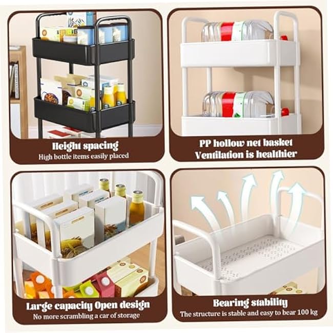 3 Tier Rolling Cart Large Capacity Storage Cart on Wheels Hollow-Out Basket Snack with Dual Handle Rolling Utility with 4 Hooks for Kitchen/Bedroom/Study/Bathroom White-4r6aQP4o