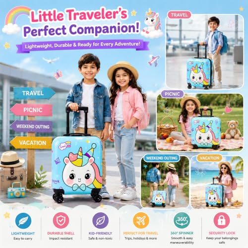 Image of Storite 18 in Unicorn Theme Kids Trolley Bag | Hard-Sided Polycarbonate Travel Suitcase Spinner Cabin Luggage(Blue - 35 x 23 x 38 Cm)