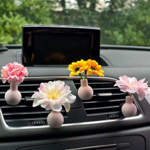 Image of Set of 4 Cute Flower Bouquet Car Air Freshener Vent Clips, Mini Artificial Flowers for Car Air Vent Decoration, Auto Interior Dashboard Ornament Accessories (Sunflower)