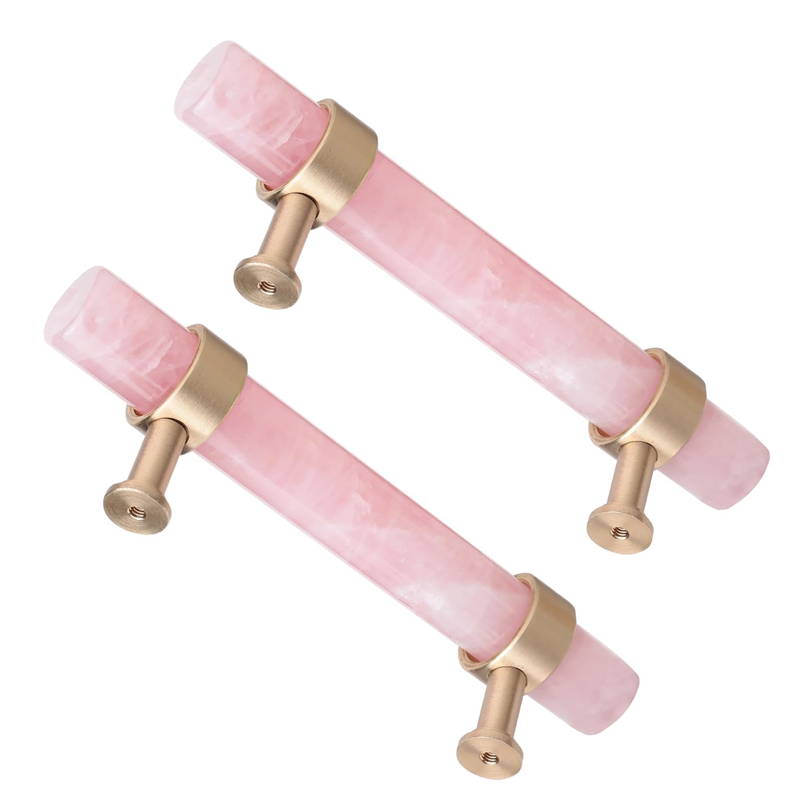 Rockcloud Pack of 2 Rose Quartz Crystal Stone Drawer Pulls Handle with Screws Brushed Brass Cabinet Knobs Hardware Accessories for Kitchen Dresser