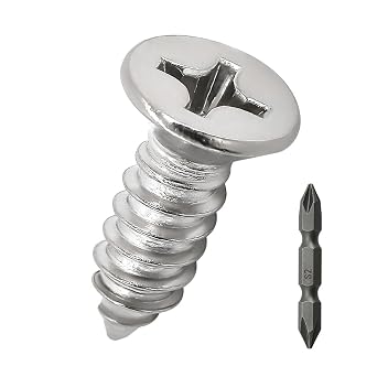 50pcs #12 x 7/8" Phillips Flat Head Self-Tapping Sheet Metal Screws 304 SS | Includes 50mm S2 Bit, 18-8 SS, Countersunk Design, Flush Fit, Burr-Free, Bright Finish, Rust Proof