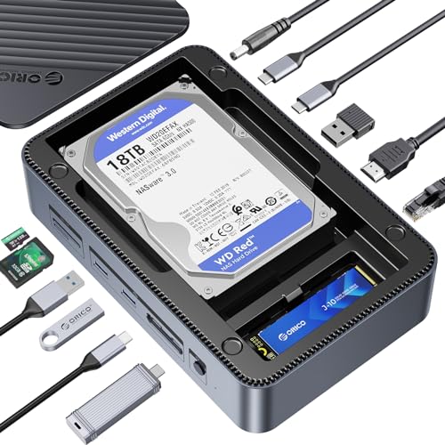 ORICO Stacja dokująca USB-C 12 w 1 z podwójnym gniazdem SSD – obsługuje M.2 NVMe/SATA i napędy SATA 2,5"/3,5" do 26 TB, 10 Gbps USB, 4K HDMI @ 60 Hz D35M2-V1