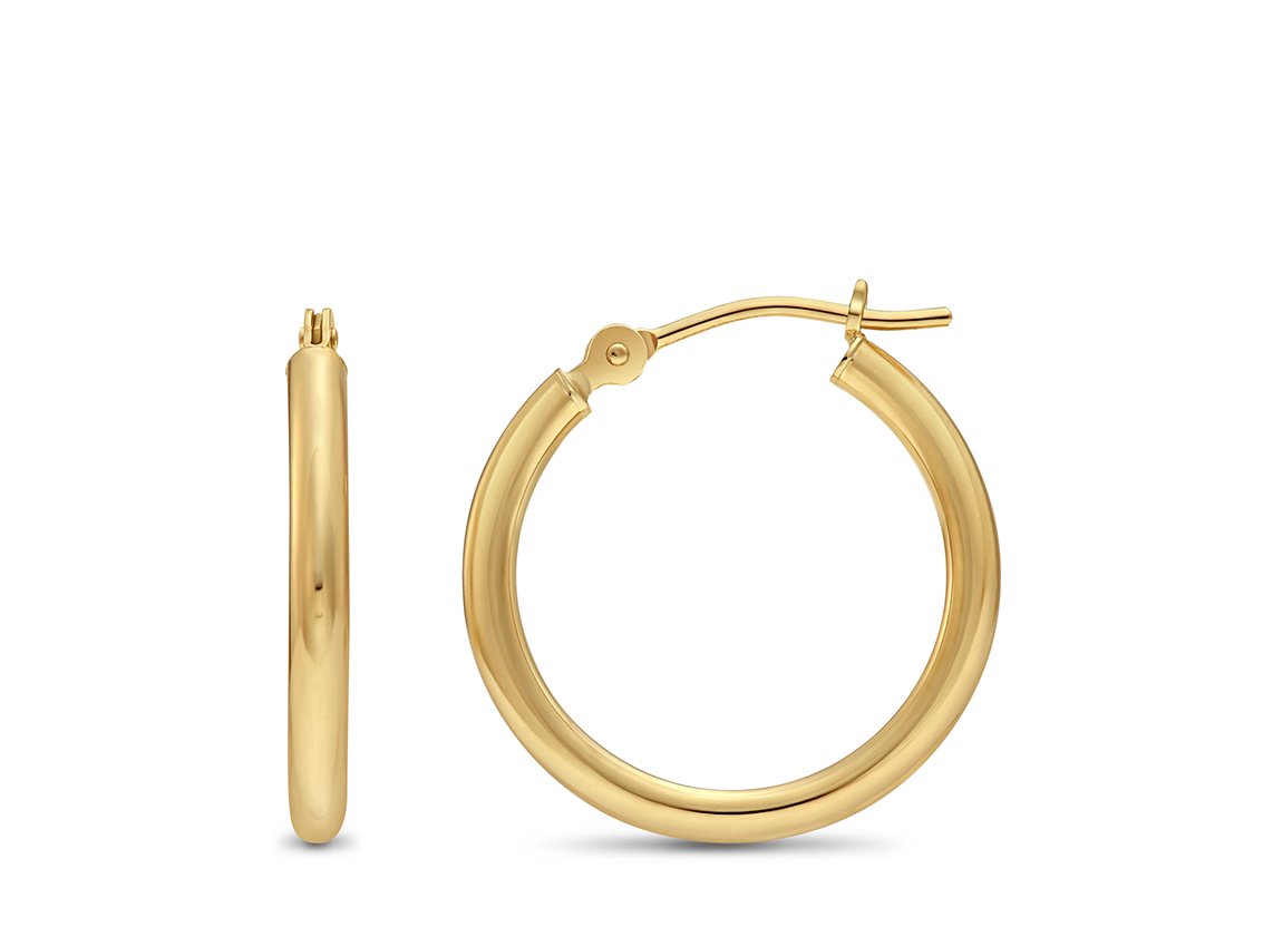 14k Yellow Gold Classic Shiny Polished Round Hoop Earrings, 2mm tube