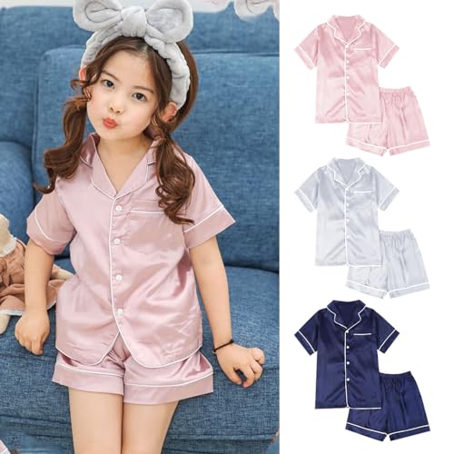 Toddler Kids 𝐏ajama Set 2PC Boys Girls Satin 𝐒𝐥eepwear | Silky Button-Down Shirts & Shorts, Summer 𝐏ajamas Outfits2