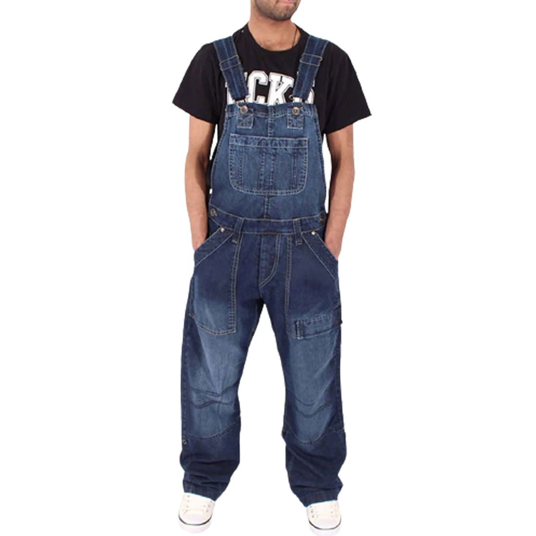 UBERSWEET® Men's Relaxed Fit Adjustable Multi-Pockets Dungarees Bib Denim Overalls Washed Loose Workout Jumpsuits-image-34