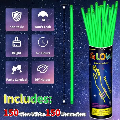 150 Pack 8” Green Glow Sticks Bulk with 150 Connectors Neon Glow In The Dark Party favors Supplies for Holiday Birthday Party Decoration (Green) - Image 3