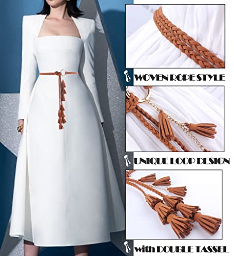 Women Girls PU Leather Waist Belt Chain Skinny Rope with Double Tassel for Dress Skirt3