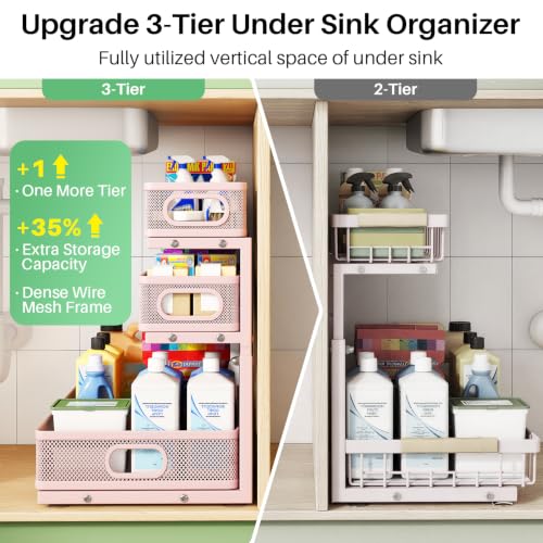 Image of Kitstorack Under Sink Organizer, 2-Pack 3-Tier Height Adjustable Thickened Metal Pull out Cabinet Organizer Shelf, Slide out Storage Drawer Rack for Bathroom Kitchen Pantry Home Organization, Pink