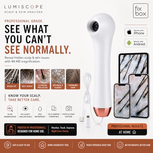 Image of LumiScope Scalp, Hair & Skin Analyzer | HD 4X Magnification IPX5 Waterproof Camera| Hair, Scalp & Skin Inspection Device with LED Light| Rechargeable iOS & Android App Analyzer for Home