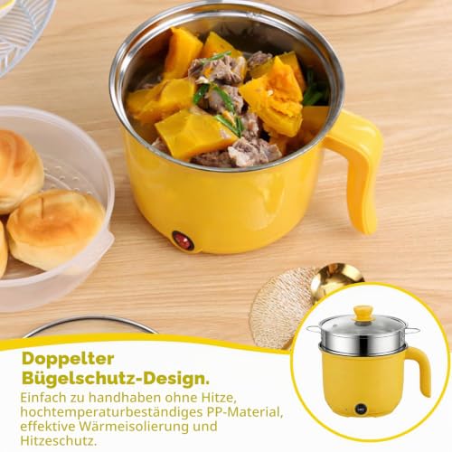 Elektrische Hot Pot mit Dampfgarer, Hotpot Topf Elektrischer Mehrzweckpfanne Mini Tragbare Antihaft Multikocher, Electric Bratpfanne Schneller Ramen Kocher für Steak/Nudeln/Suppe/Ei/Hafer – Bild 4