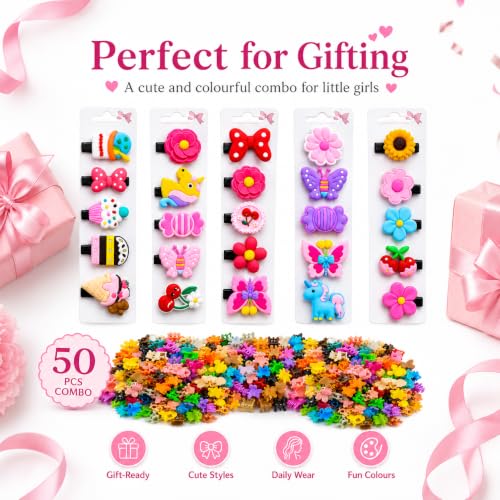 Image of 50 Pcs Hair Accessories for Kids Girls | 40 Mini Claw Clips & 10 Cute Baby Hair Clips Combo | Hair Accessories for Baby Girl | Kids Hair Clips Set for Daily Wear | Mixed Designs