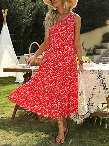 Image of ZESICA Women's 2026 Bohemian Summer Floral Print One Shoulder Sleeveless Smocked Ruffle Tiered Beach Long Midi Dress