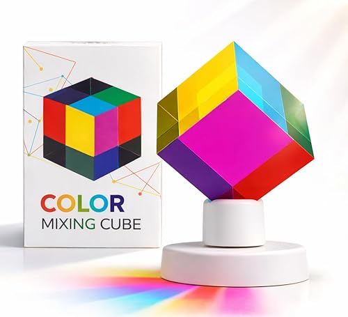 Twiddler Toys Color Mixing Cube with Display Stand – 2 Inch (50mm) Cyan, Yellow, & Magenta Acrylic Prism Optical Physics Desk Decor – Satisfying