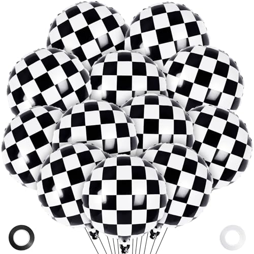 12 Pcs Checkered Balloons 18 Inch Checkered Racing Foil Balloons Black and White Checkerboard Mylar Balloons for Race Car Birthday Party Supplies Decorations