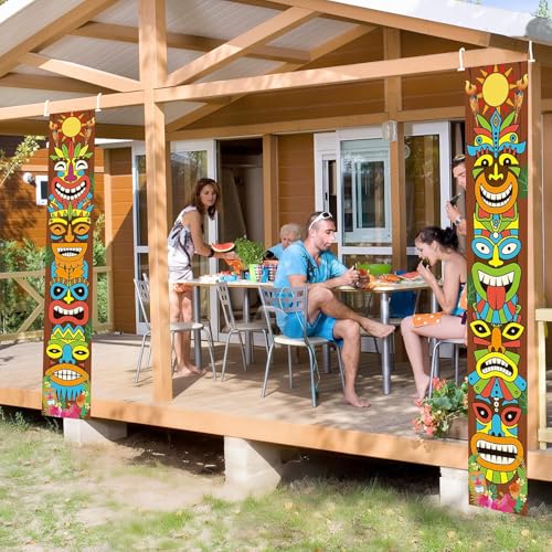 Hawaiian Luau Party Porch Sign Decorations, Tiki Totem Door Banner Sign Aloha Hawaii Tropical Moana Hanging Banner Yard Porch Decor Party Decoration Ornament Carnival Party Jungle Background Backdrop