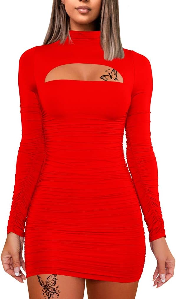 DAAWENXI Women's Sexy Long Sleeve Cut Out Bodycon Ruched Party Club Mini Dress