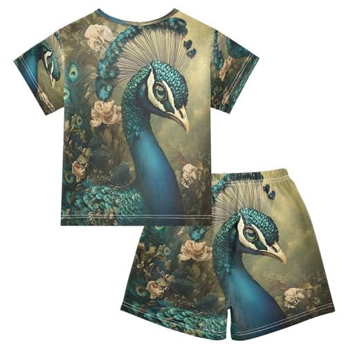 ALAZA Blue Green Peacock Flower Pajamas Set Short Sleeve Cotton Sleepwear Summer Pjs 2 Piece 5-14Y2