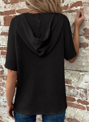 Image of Dokotoo Womens Summer Tops Waffle Knit Short Sleeve Lightweight Drawstring Hoodies Button V Neck Casual Blouses Shirts
