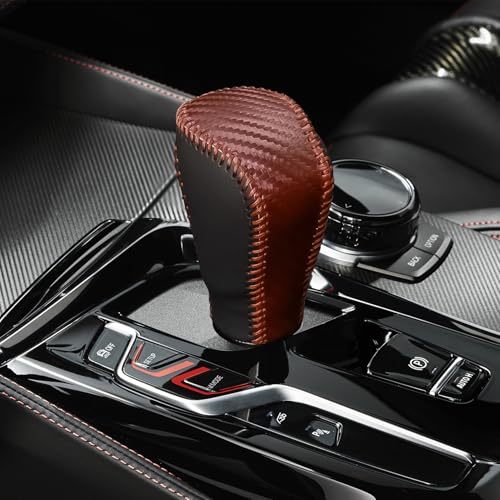 Tecledsn Car Gear Shift Knob Cover, Leather Stick Shift Cover, Carbon Fiber Car Gear Shift Knob Cover, Car Interior Accessories Stylish Car Decorations Car Shifter Cover Universal for Car (Brown)