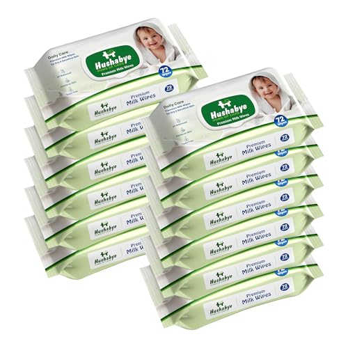 Image of Hushabye Premium Milk Baby Wipes with lid- 0+ Months, pH balanced, Paraben & Alcohol Free, Moisturising & Thick Wipes with purified Water, Gentle & soothing, 864pcs, Pack of 12