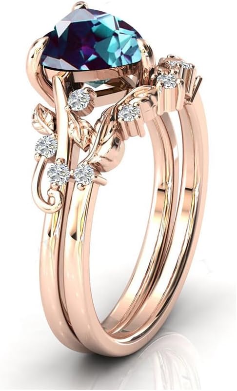 Alexandrite Engagement Ring Set Art Deco Leaf Wedding Ring Set Sterling silver 2CT Alexandrite Bridal Promise Ring Set For Women（Size 4-16）