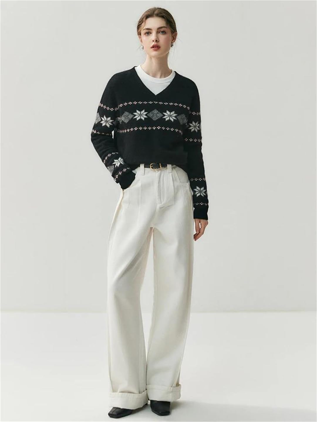 Women's Knitted Top 100% Cashmere V-Neck Pullover with Snowflake Texture Soft Warm Long Sleeve Vintage Style Knitwear