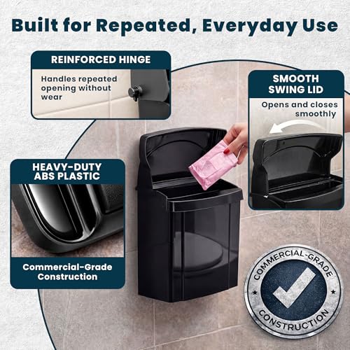 Image of Alpine Sanitary Napkin Receptacle - Feminine Hygiene Disposal Container, Wall Mounted Trash Can with Odor Control Seal & Installation Hardware (Black)