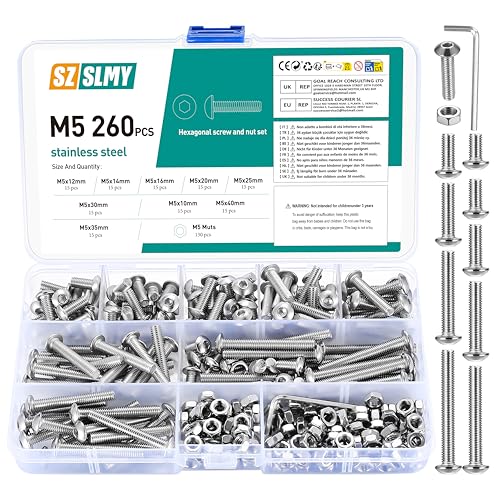 M5 Schrauben Set 260 Stück Linsenkopf Sechskantschrauben mit Muttern Kit Gewindeschrauben Set Maschinenschrauben Muttern Set Sechskantkopfschrauben und Muttern Sortiment - M5