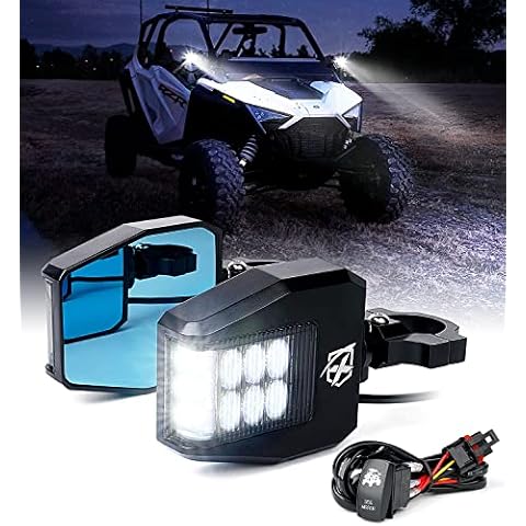 Xprite Aluminium UTV Side Rear View Mirrors Fit All 1.6-2 Inch Roll Bar Cage, Blue Anti-Glare Mirrors and Smoke Lens LED Spot Light for UTV ATV Can am Maverick X3 Polaris RZR XP 1000 Yamaha Cover