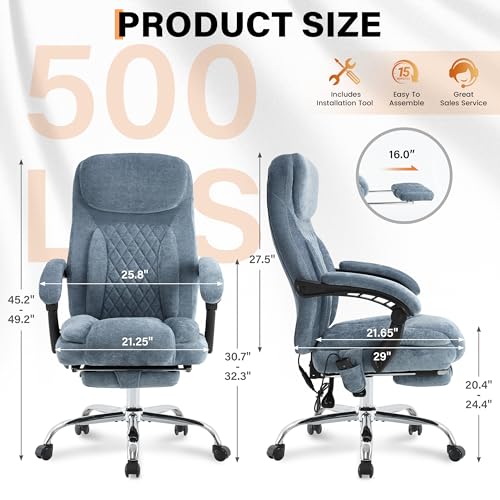 Image of 500LBS Massage Office Chair, Reclining 6 Points Vibration and Heat Desk Chair with Foot Rest, Ergonomic Executive Office Chairs, Comfy Wider & Thicker Seat, Big and Tall Gaming Chair, Fabric Blue