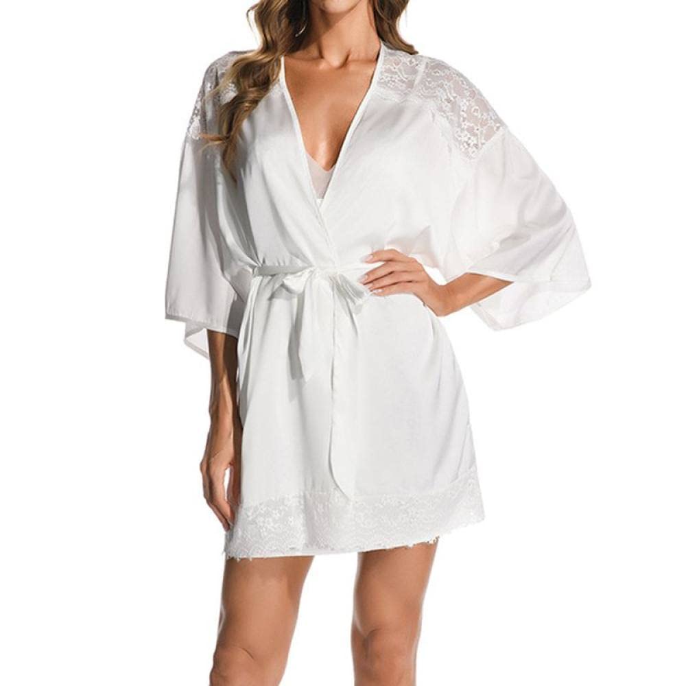 OZEO Albornoz Mujer,Kimono Sexy Albornoz Satén Costuras Encaje Escote En V Profundo Blanca Corta con Cordones Babydoll Novia Moda Bademantel Damen,M