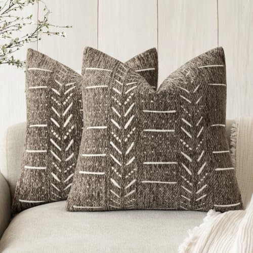 Image of Foindtower Set of 2 Decorative Chenille Jacquard Throw Pillow Covers Textured Farmhouse Vintage Cushion Cover Modern Coastal Boho Home Decor For Sofa Chair Couch Bed Living Room,18x18 Inch,Cocoa Brown