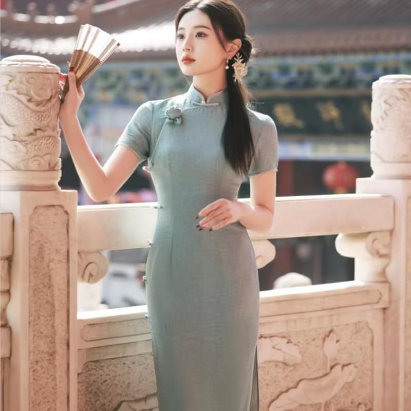 Cheongsam De Manga Corta para Mujer - Vestido De Fiesta Elegante De Primavera Y Verano De Color Sólido Estilo Chino Tradicional Ajustado hasta La Rodilla