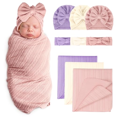 Image of AQOKKA Newborn Receiving Blanket with Bow Hat Headband Set Wheat-Pattern Newborns Toddler Baby Boy Girl Nursery Swaddle Wrap