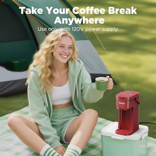 Image of Tastyle Single Serve One Cup Coffee Maker, for K Cups and Grounds, Mini Coffee Maker with Portable Handle, 6 to 12 Oz Brew Size, for Travel, Camping, Office, RV and Dorm, 120V, Vintage Red